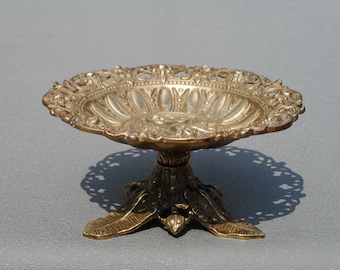 Antique Bronze Footed Bowl: Victorian pedestal plate, Ornate Fruit Dish with angel
