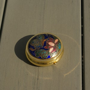 Vintage Cloisonné Pill Box: Butterfly Lotus Design, Mirrored Travel Case