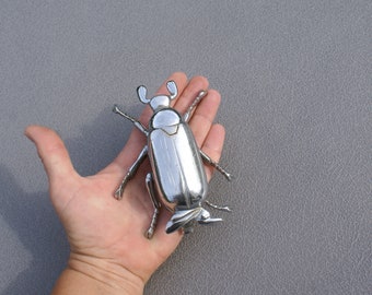 Vintage metal beetle shaped box miniature ashtray silver colored bug small beetle figurine