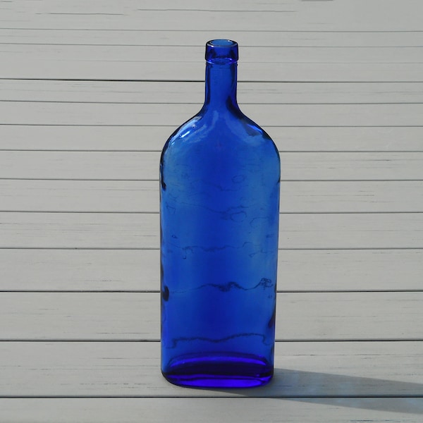 Large flat cobalt blue glass bottle vintage glass vessel decorative bottles stem vase marine themed décor photo props table décor