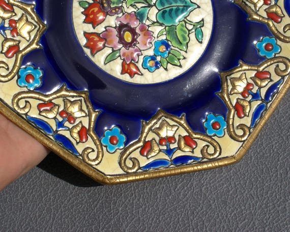 フランス　Longwy　ロンウィ　エナメル　花文様細紋　平皿２１cm フランスLongwyロンウィエナメル花文様細紋平皿21cm