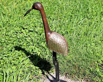 Vintage wood bird statuette standing heron figure indoor crane figurine with brass wings