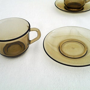 Vintage Arcoroc Smoke Brown Glass Cup and Saucer: Mid-Century Modern Tea Coffee Set