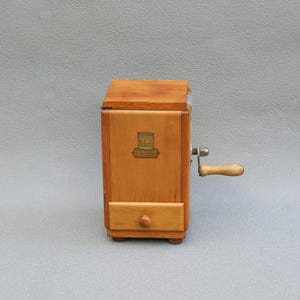 Vintage coffee grinder A.E.D. made in Belgium old manual coffee mill with wooden body burr grinder collectible coffeeware