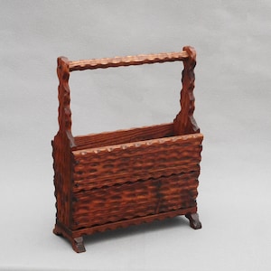 Hand Carved Wood Magazine Rack: Vintage Rustic Newspaper Holder