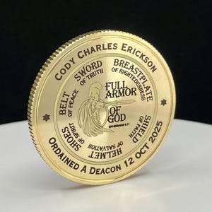 LDS Young Mens Coin engraved w/ Full Armor of God & Aaronic Priesthood Theme
