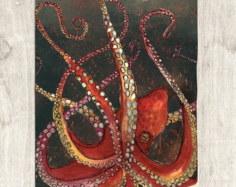 Red Octopus Tea Towel