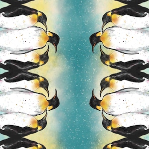 May include: A repeating pattern of emperor penguins with black heads, white chests, and yellow neck accents. The penguins are arranged in two vertical columns facing inward against a teal and yellow gradient background with white speckles.