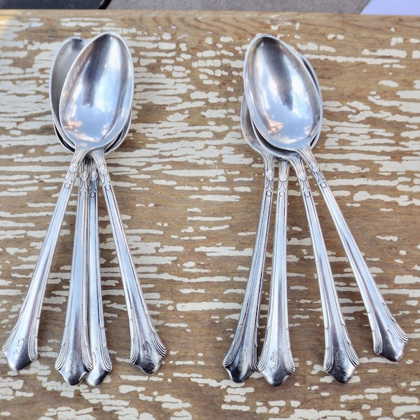 Set of 8 Silverplate teaspoons,Gorham Plate,Pat 1933,monogrammed G,Lady Caroline pattern,silver spoon set,tea party,polished spoons,Art Deco