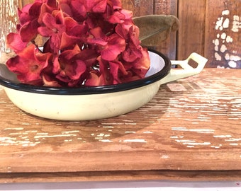 Yellow enamel pot,black trim,shallow 7" skillet,french cookware,enamel cookware,enamelware,no lid,rustic,farmhouse,kitchen pot