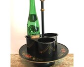 Black metal tole wine bottle caddy,stand,serving tray,hand painted flowers,tole tray,floral tray,wine carrier,shabby chic,gold trim,handles