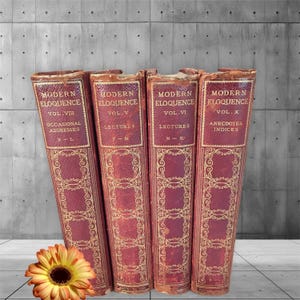 Antique gold gilt ornate books,red burgundy,set of 4,Modern Elequence,Deluxe Edition, 1900,decorative books,lectures,addresses,literature