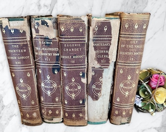 Libros antiguos de cuero marrón, dorado, Obras de Honore de Balzac, 1901, juego de 5, desgastados, desgastados, adornados, tableros de mármol, Edición universitaria