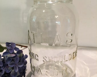 Atlas Strong Shoulder Mason canning jar,quart,H over A clear glass jars,1920's,no lid,storage jar,food storage,craft,button storage