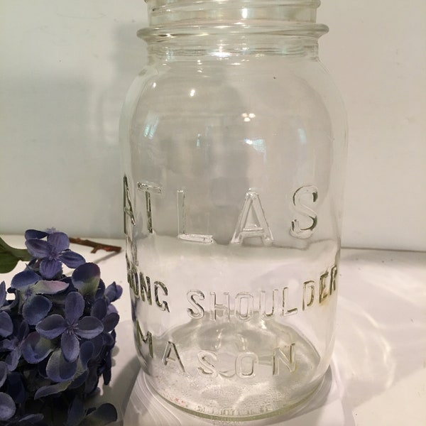 Atlas Strong Shoulder Mason canning jar,quart,H over A clear glass jars,1920's,no lid,storage jar,food storage,craft,button storage