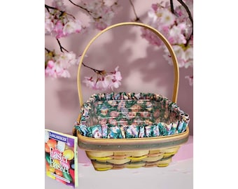 Longaberger basket,1998 Easter basket,square,easter egg fabric liner,handle,plastic insert,signed
