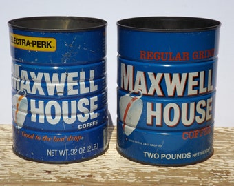 Maxwell House coffee cans,set of 2,coffee tin,kitchen storage,indoor planter,vintage coffee cans,blue coffee cans,6",coffee tin,