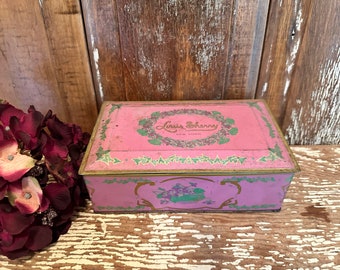 Louis Sherry New York pink floral flower power candy tin with lid,storage,candy tin,retro,trinkets,keys,catch all,8x5,distressed