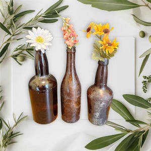 茶色のガラス製ビール ウイスキー ボトル、3 個セット、古い茶色のボトル、Haig & Haig、長い首、高さ 8.5 インチ - 10 インチ、古い酒瓶、男の隠れ家