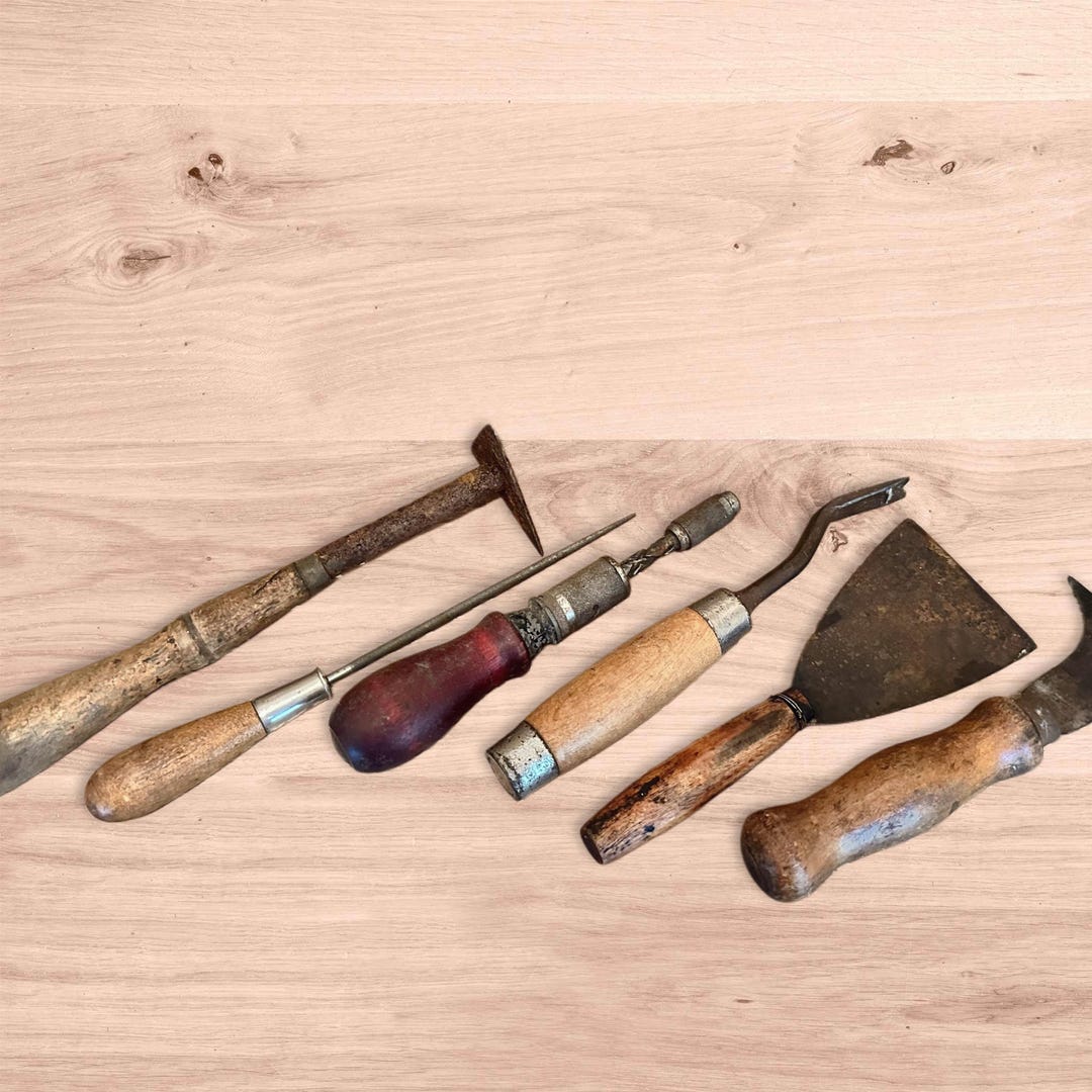 Vintage Wood Handle Tools,set of 6,old Tools,masonry,scraper,ice Pick ...