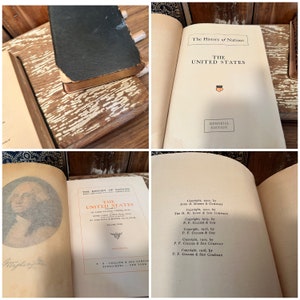 Puede incluir: Un libro vintage titulado "The History of Nations: The United States, Memorial Edition". La portada del libro es de color crema con texto negro y una peque&ntilde;a ilustraci&oacute;n roja y blanca de un escudo con estrellas.