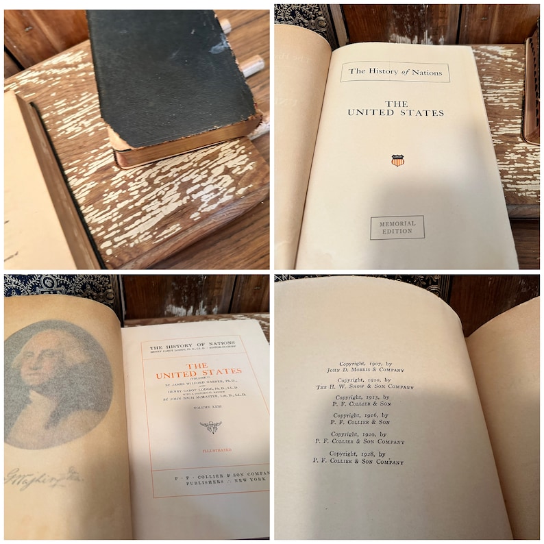 Puede incluir: Un libro vintage titulado "The History of Nations: The United States, Memorial Edition". La portada del libro es de color crema con texto negro y una peque&ntilde;a ilustraci&oacute;n roja y blanca de un escudo con estrellas.