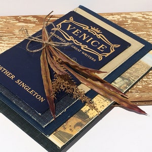 May include: A stack of three blue hardcover books with a brown dried plant on top. The top book has the title "Venice Described by Great Writers" in gold lettering. The bottom book has the name "Esther Singleton" printed on the spine.