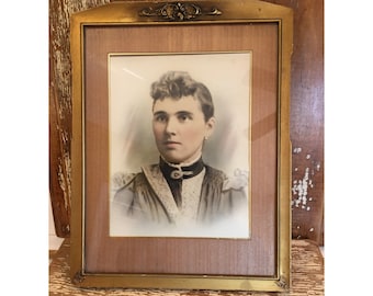 Antique gold wood picture frame,20x15,glass front,photo frame,antique picture,portrait young woman,wall frame,bow accents,gilt accent,1800s