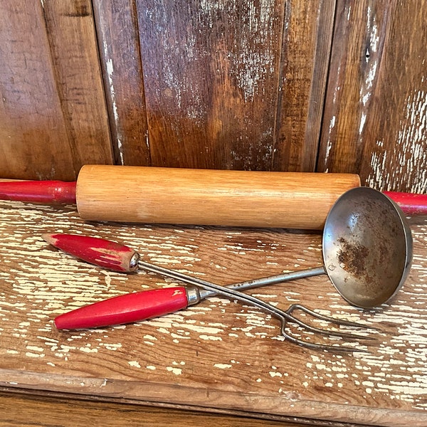 Red wood handle kitchen utensils,set of 3,rolling pin,meat fork,rusty ladle,chippy distressed,rustic,rusty,farmhouse kitchen,props