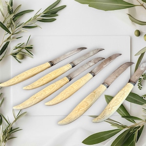 May include: Six antique knives with ivory-colored handles and silver blades. The handles feature an ornate, carved design. The knives are arranged diagonally on a white surface, with olive branches in the background.