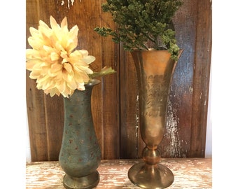 Brass vase India,set of 2,etched brass vase,brass collectible,green,red,embossed,indian brass,brass flower vase,lightly tarnished,pedestal