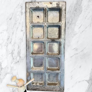 Tarnished 10 section mini loaf pan tray,pastry squares,metal loaf pan,kitchen bakeware,unique,15x6,shallow,craft storage
