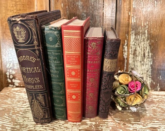 Antique books,ornate,old red brown green books,set of 5,late 1800s,early 1900s,gold gilt lettering,poetry Moore,Moby Dick,Wilkie Collins