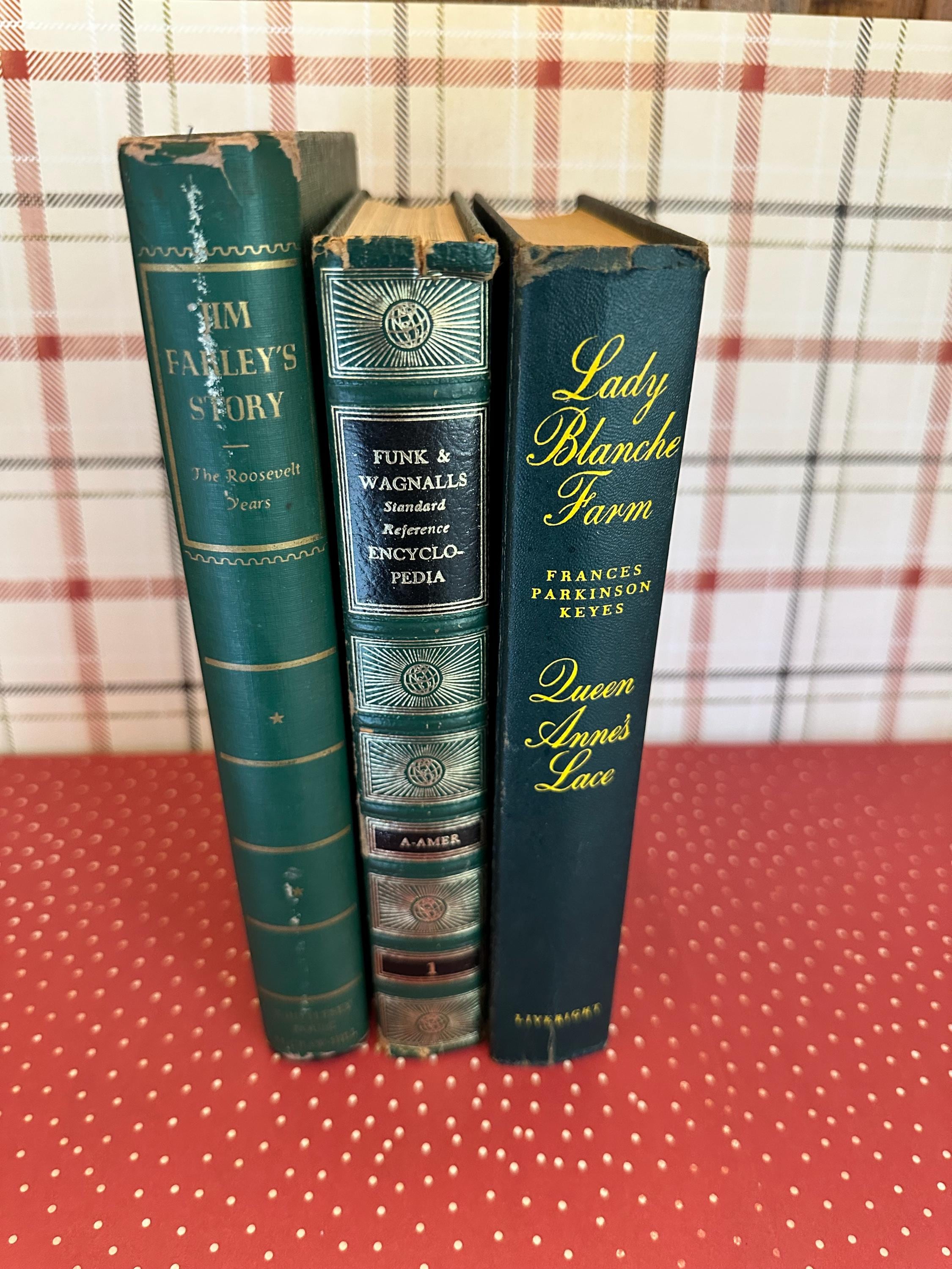 Green books,holiday book stack,bundle,christmas book decor,holiday decorating,set of 3,early 1900s,Roosevelt,Gold gilt,green book set