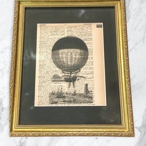 Ornate gold wood framed authentic Dictionary page 1950s,Hot Air Balloon print,16x13,with 10x14 black mat,high seas,aviation