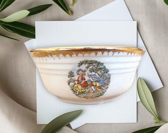 Cronin China fruit bowl,dessert bowl,demitasse cup,courting couple,Victorian,serving bowl,gold trim,Bake Oven,catchall,trinkets,soap dish
