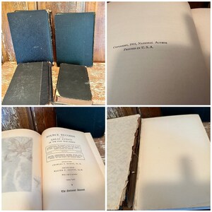 Puede incluir: Una colecci&oacute;n de cuatro libros antiguos de tapa dura con cubiertas negras y verdes. Los libros se titulan "Source Records Great Events of the Post War Period" y "The National Alumni".