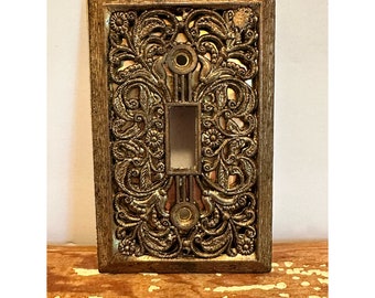 Brass light swtich plate cover,single light switch,gold tone,ornate switch plate cover,victorian,home improvement,scroll,distressed