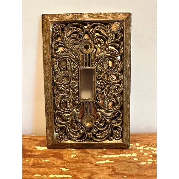 Brass light swtich plate cover,single light switch,gold tone,ornate switch plate cover,victorian,home improvement,scroll,distressed