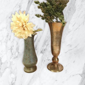 Brass vase India,set of 2,etched brass vase,brass collectible,green,red,embossed,indian brass,brass flower vase,lightly tarnished,pedestal