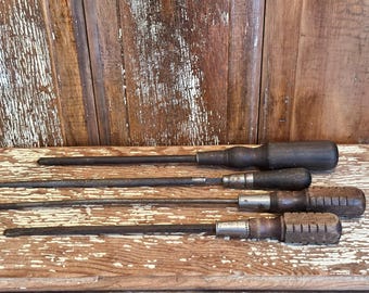 Vintage screwdrivers,antique tools,set of 4,wood handle,flat head,screwdriver,rasp tool,old fashioned tools,14-17" long,distressed