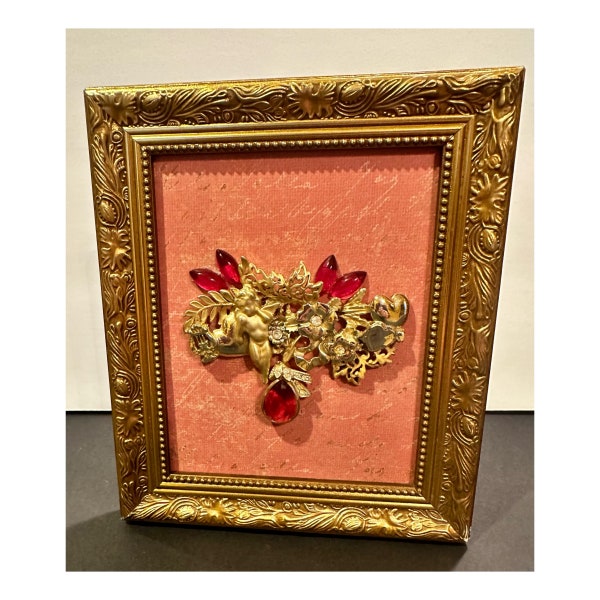 Gold ornate framed vintage jewelry salvage art,cherubs,repurposed costume jewelry,fashion,5x6,upcycled,Valentines Day,sweetheart,best friend