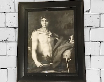 Black wood framed black white print young Roman Greek soldier,man male in toga,25x20,mythology,romantism,unique
