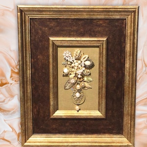Gold framed vintage jewelry art,gold costume jewelry,fashion decor,repurposed jewelry,10x10,upcycled,salvage art,she shed,floral,flowers