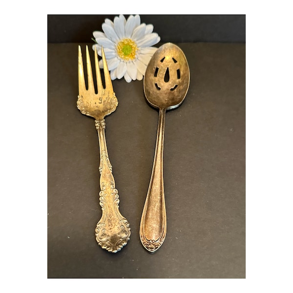 Tarnished long handle serving utensils,silverplate,slotted spoon,meat fork,floral,farmhouse kitchen,utensils,set of 2,Reed Barton,Rogers Bro
