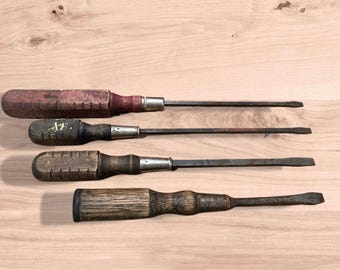 Vintage screwdrivers,antique tools,set of 4,wood handle,flat head,screwdriver,old fashioned tools,extra long,11-16" long,distressed