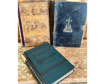 Antique brown black leather bound books,distressed,tattered,set of 3,gold lettering,Slovak prayer book,late 1800s,world history,religious