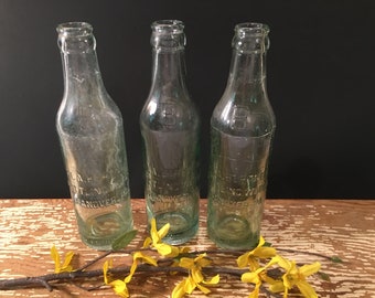 Old light green antique soda bottles,H.A. Bortner,beach decor,set of 3,foggy,8",antique beverage bottle,glass flower vase,8 oz