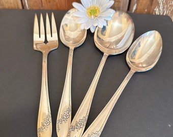 Lightly tarnished long handle serving utensils,set of 4,silverplate,serving spoon,meat fork,floral,Tudor Plate Oneida Queen Bess,8" long