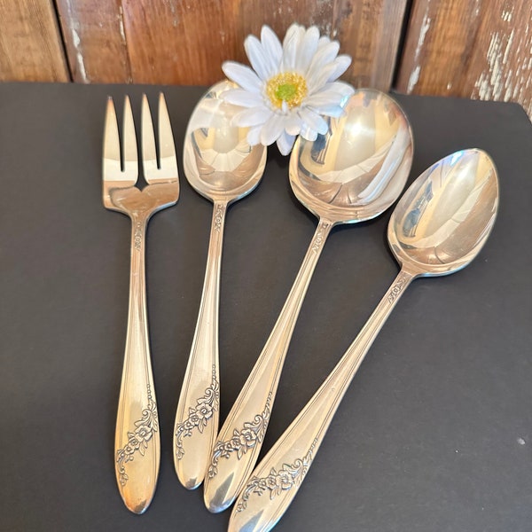 Lightly tarnished long handle serving utensils,set of 4,silverplate,serving spoon,meat fork,floral,Tudor Plate Oneida Queen Bess,8" long